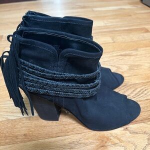 Black suede open to fringed bootie size 8